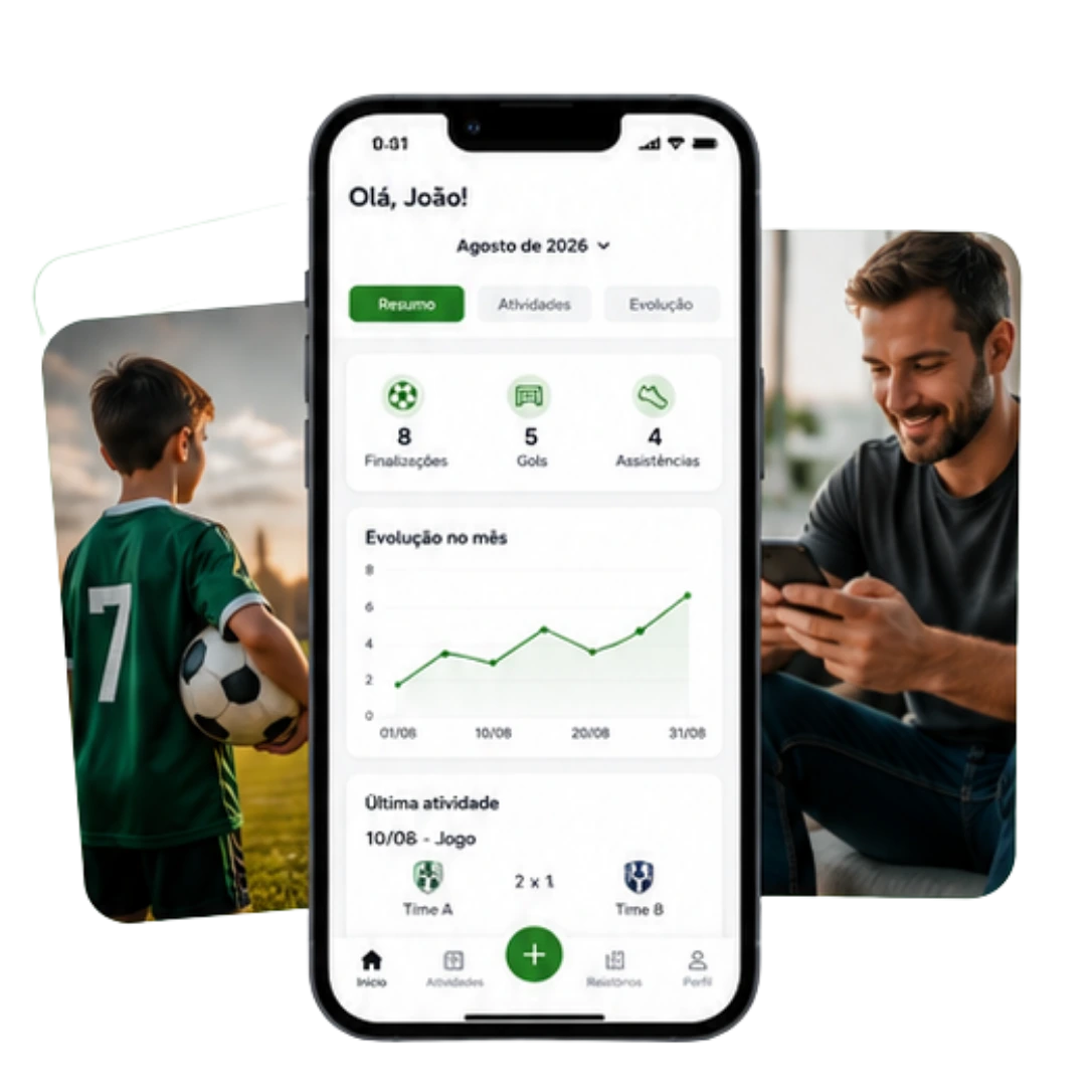 Aplicativo Nosso Campeão em um smartphone, com estatísticas do atleta